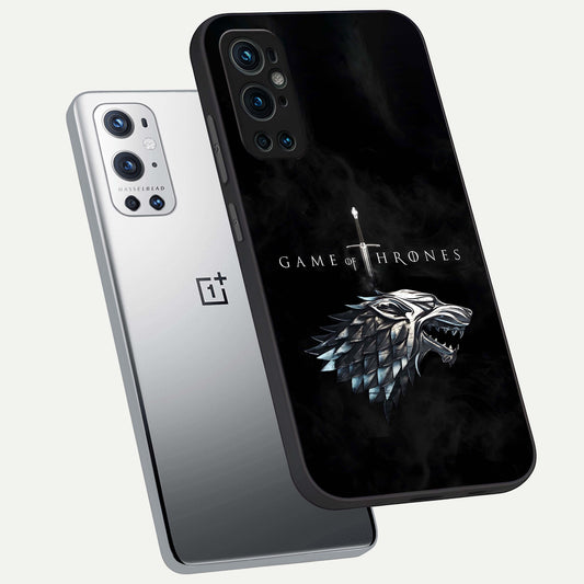 Throne Wolf Legacy phone case For OnePlus 9 Pro showing premium glass back cover with detailed artwork