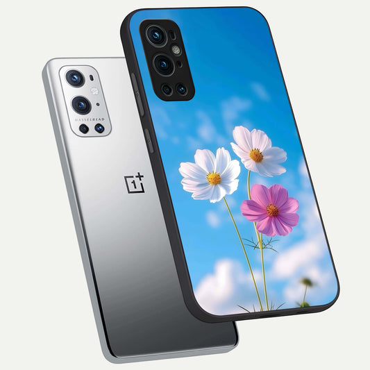 Tripple Flowers With Sky phone case For OnePlus 9 Pro showing premium glass back cover with detailed artwork