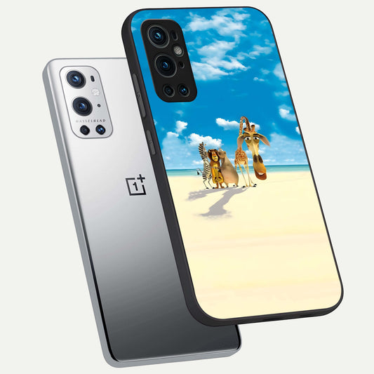 Tropical Fun Squad phone case For OnePlus 9 Pro showing premium glass back cover with detailed artwork