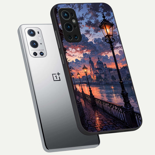 Twilight River Lights phone case For OnePlus 9 Pro showing premium glass back cover with detailed artwork