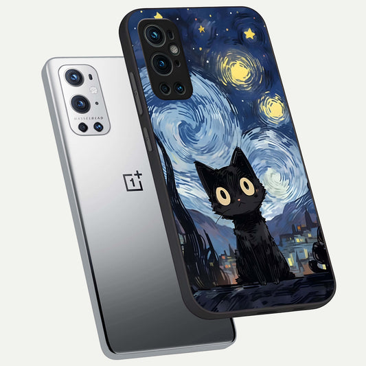 Van Gogh Cat phone case For OnePlus 9 Pro showing premium glass back cover with detailed artwork