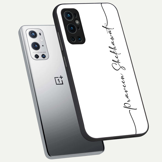 White Tune Custom Name phone case For OnePlus 9 Pro showing premium custom name glass back cover