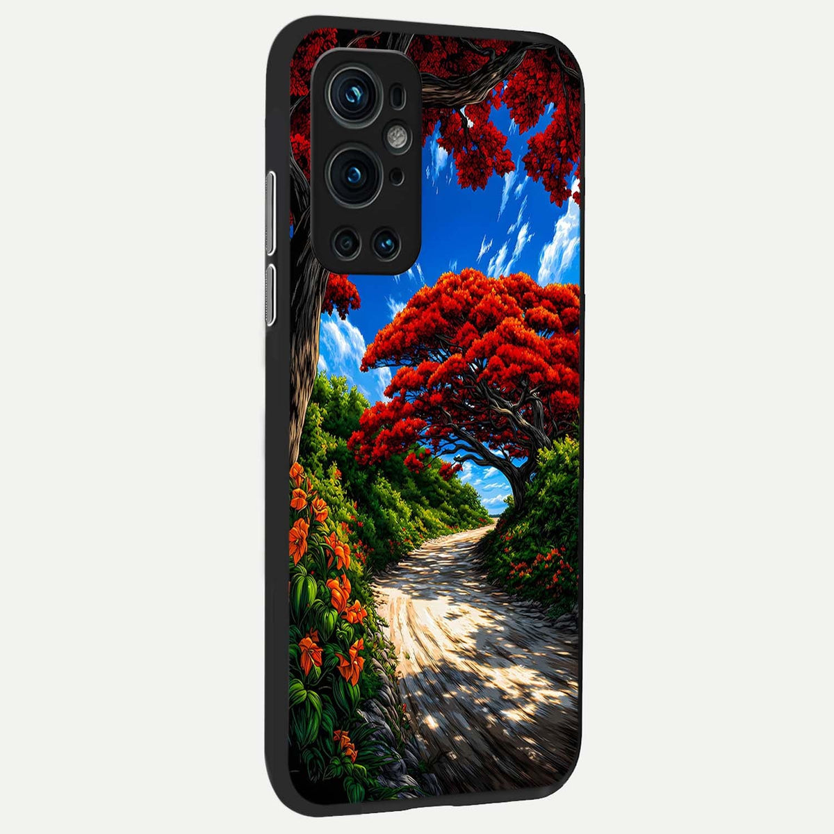 Red Trees Pathway back cover For OnePlus 9 Pro slim fit glass case with vibrant aesthetic design