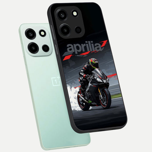Dark Aprilla phone case For Oneplus Nord 6 showing premium glass back cover with detailed artwork