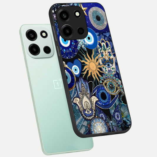Mystic Blue Evil Eye phone case For Oneplus Nord 6 showing premium glass back cover with detailed artwork