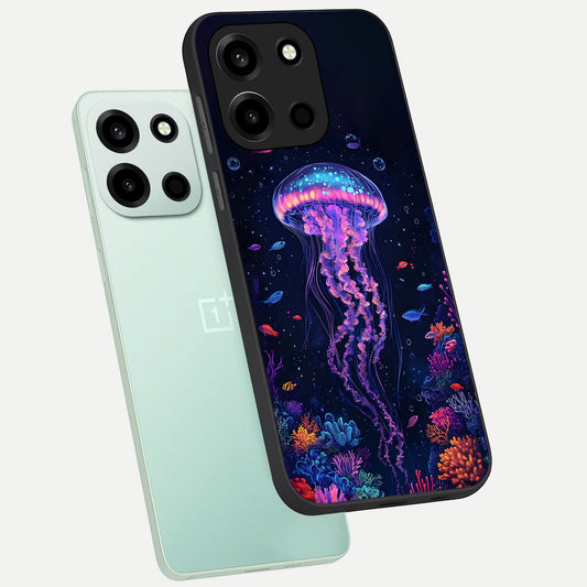 Neon Jellyfish phone case For Oneplus Nord 6 showing premium glass back cover with detailed artwork