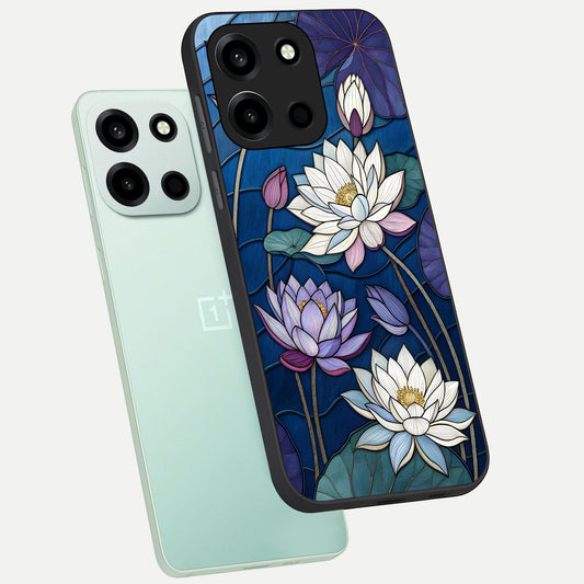 Purple Lotus Stained phone case For Oneplus Nord 6 showing premium glass back cover with detailed artwork