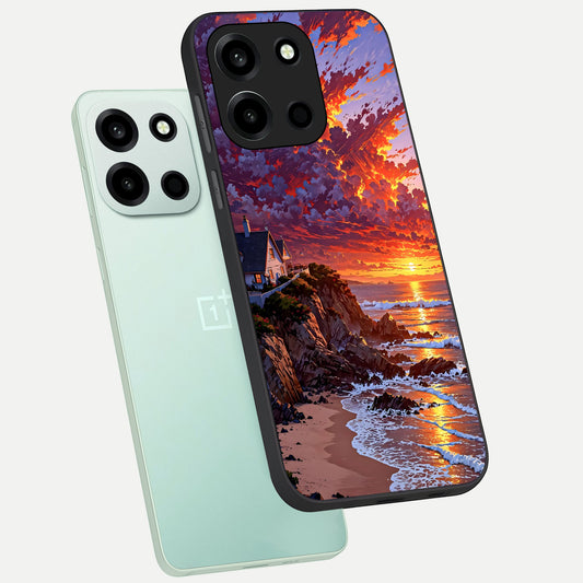 Sunset House By Sea phone case For Oneplus Nord 6 showing premium glass back cover with detailed artwork
