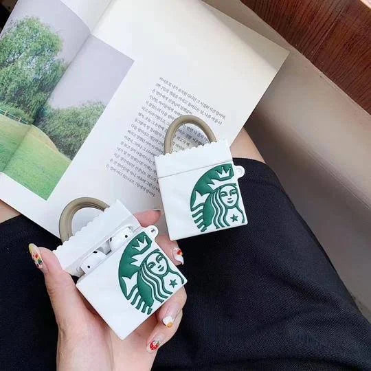 STAR-BUCKS SQUARE WITH BAG WHITE SILICONE AIRPODS CASE COVER FOR 1/2