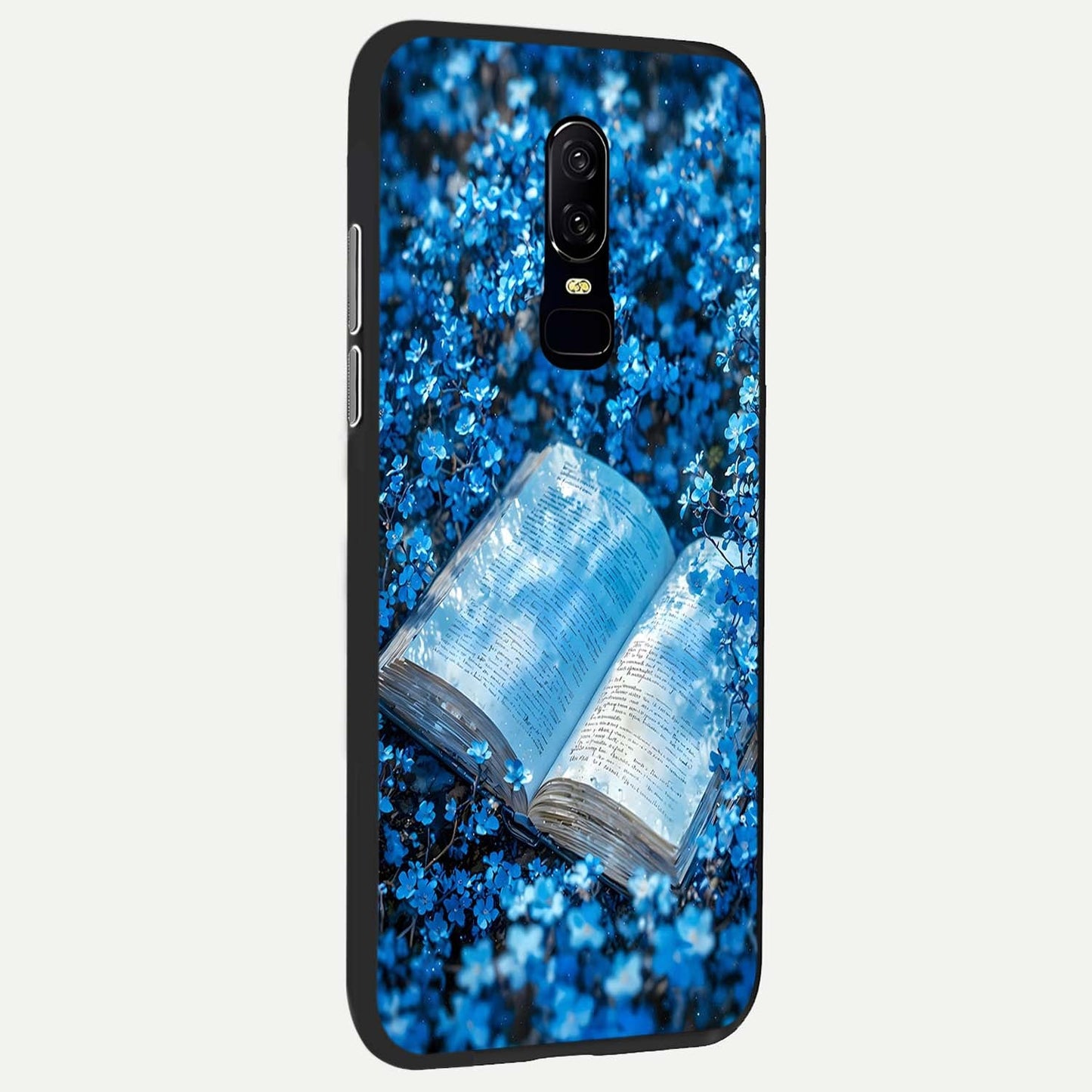 Blue Bloom Tales Glass Case showing full back design in clean flat view with blue-toned florals and glossy glass finish.