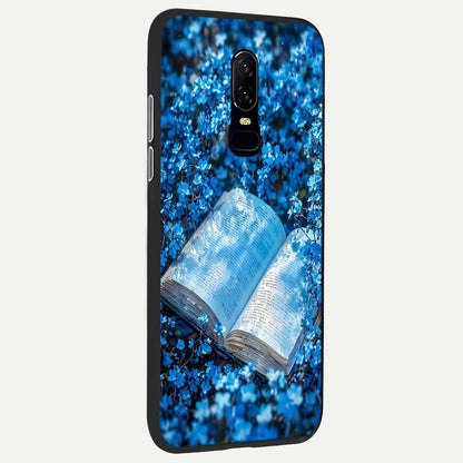 Blue Bloom Tales Glass Case showing full back design in clean flat view with blue-toned florals and glossy glass finish.