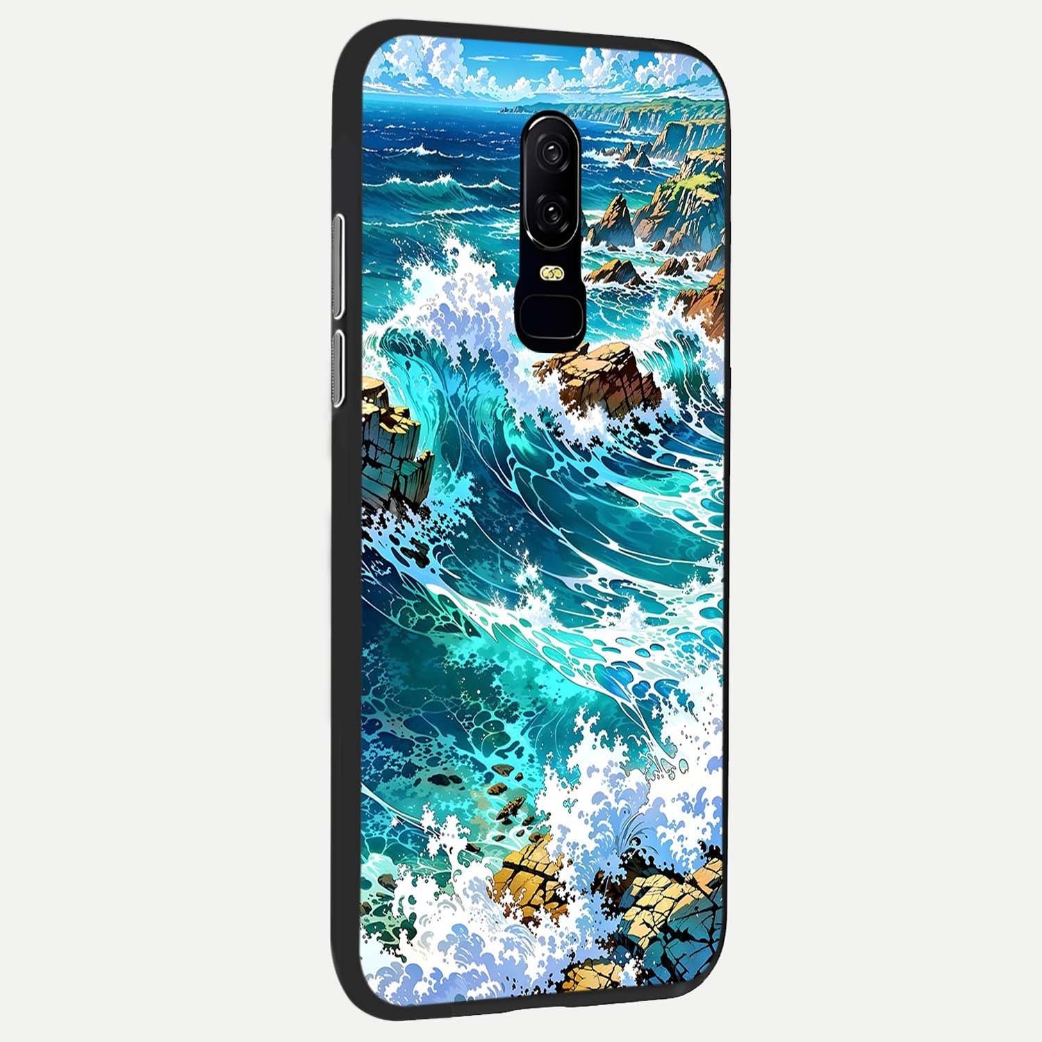 Coastal Blue Waves Glass Case showing full back design in clean flat view with flowing ocean wave art and glossy glass finish.