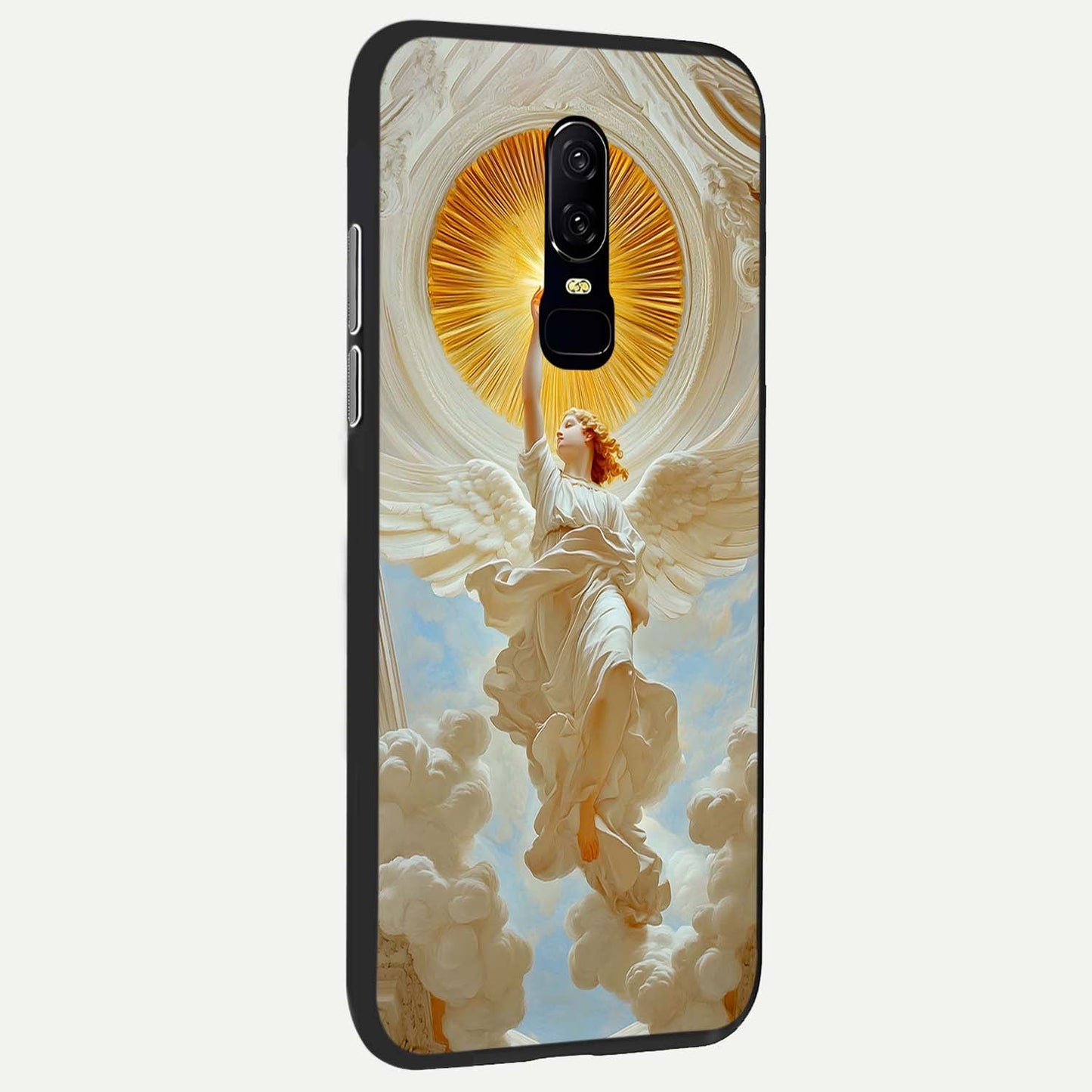 Divine Light Angel Glass Case showing full back design in clean flat view with angelic light artwork and glossy glass finish.