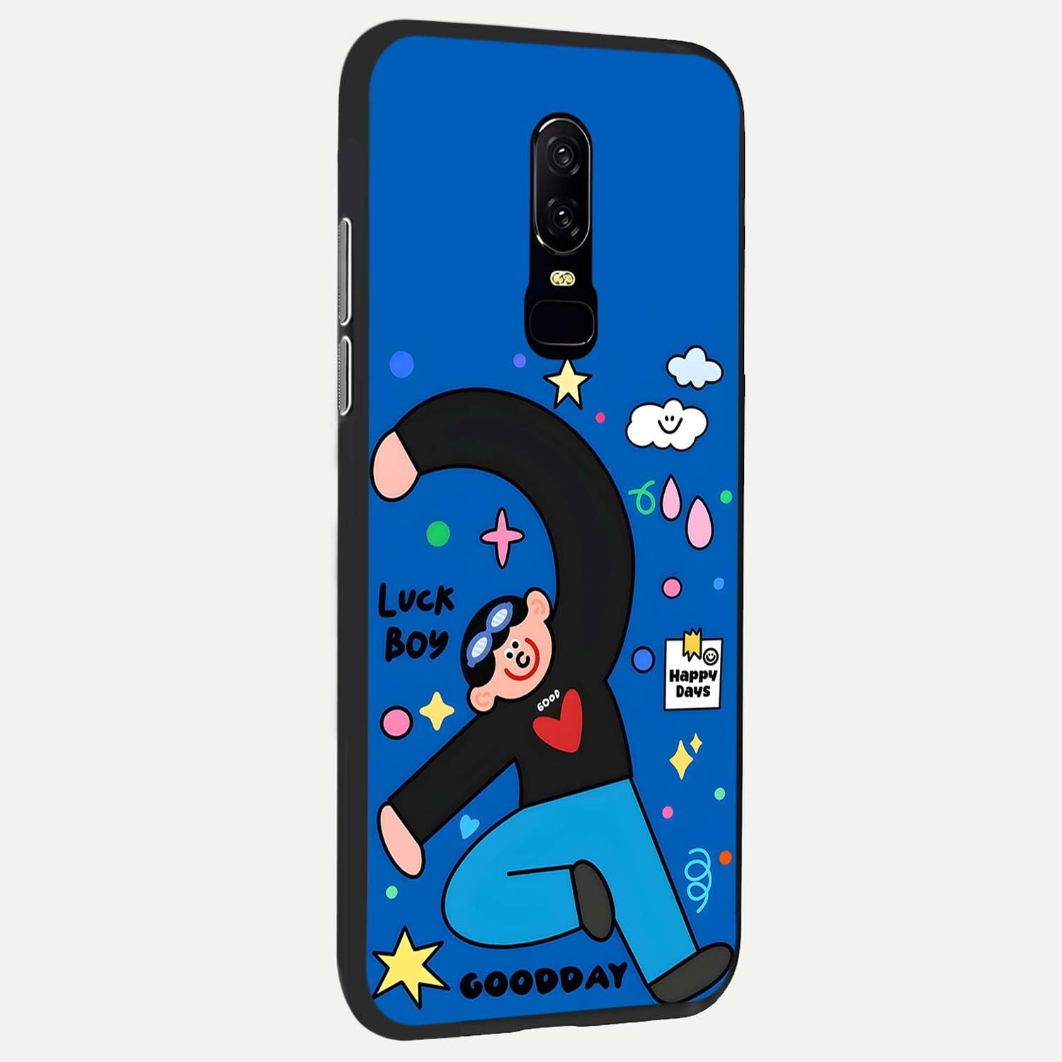 Happy Luck Vibe Glass Case showing full back design in clean flat view with cheerful lucky motifs and glossy glass finish.