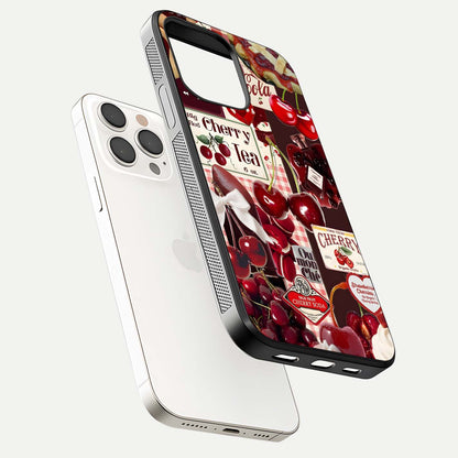 Aesthetic Cherry Tea Glass Case for iPhone 15 Pro Max floating dual-view mockup showing edge design and detailed cherry pattern gloss texture