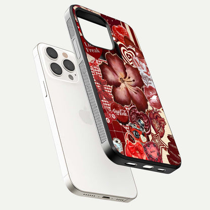 Aesthetic Little Freak Glass Case for iPhone 15 Pro Max floating dual-view mockup showing edge design and detailed collage gloss texture