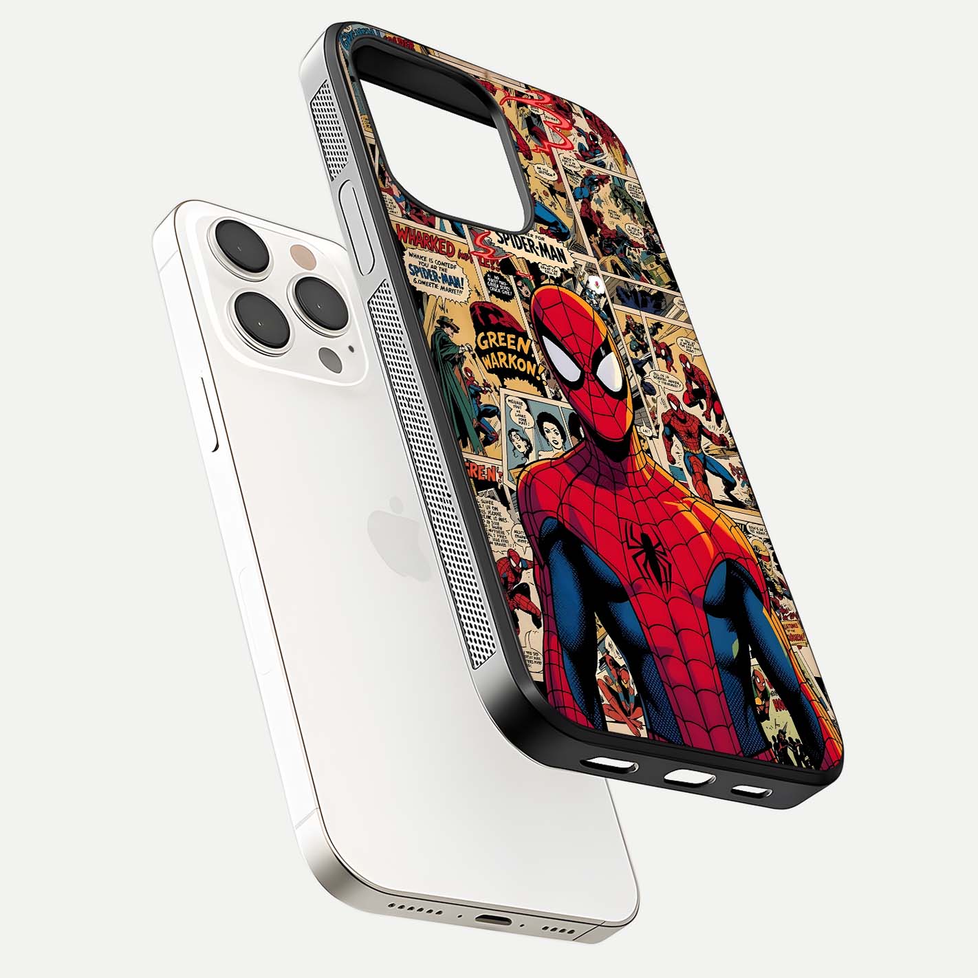 Aesthetic Spider Man Glass Case for iPhone 15 Pro Max floating dual-view mockup showing edge design and detailed Spider-Man gloss texture