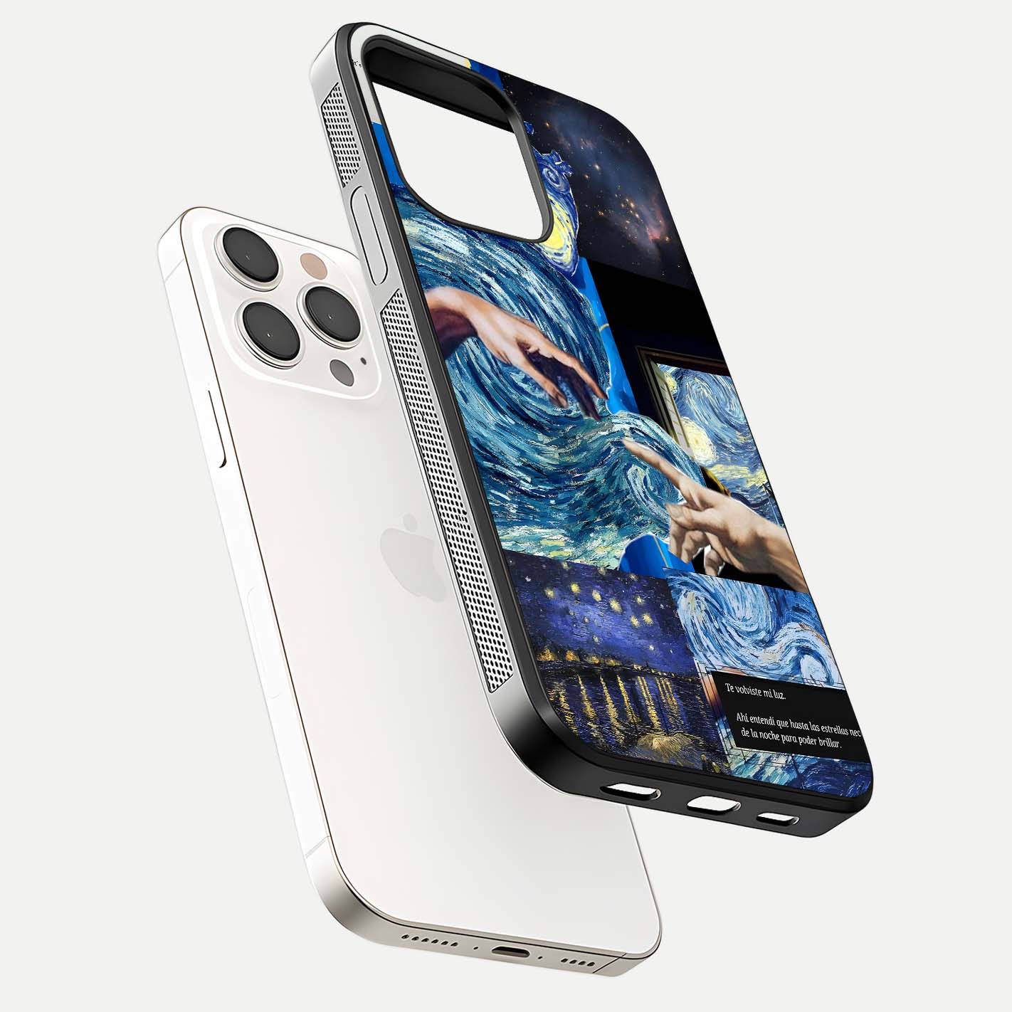 Aesthetic Vando Hands Glass Case for iPhone 15 Pro Max floating dual-view mockup showing slim edge profile and high-definition gloss