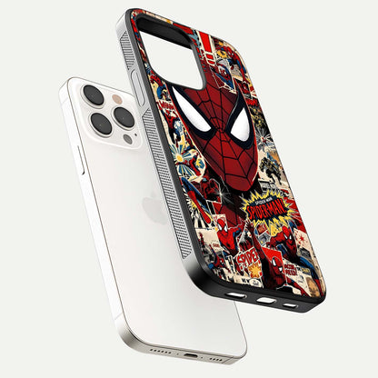 Aesthetic Wonder Spider Glass Case for iPhone 15 Pro Max floating mockup emphasizing superhero art and glossy reflection
