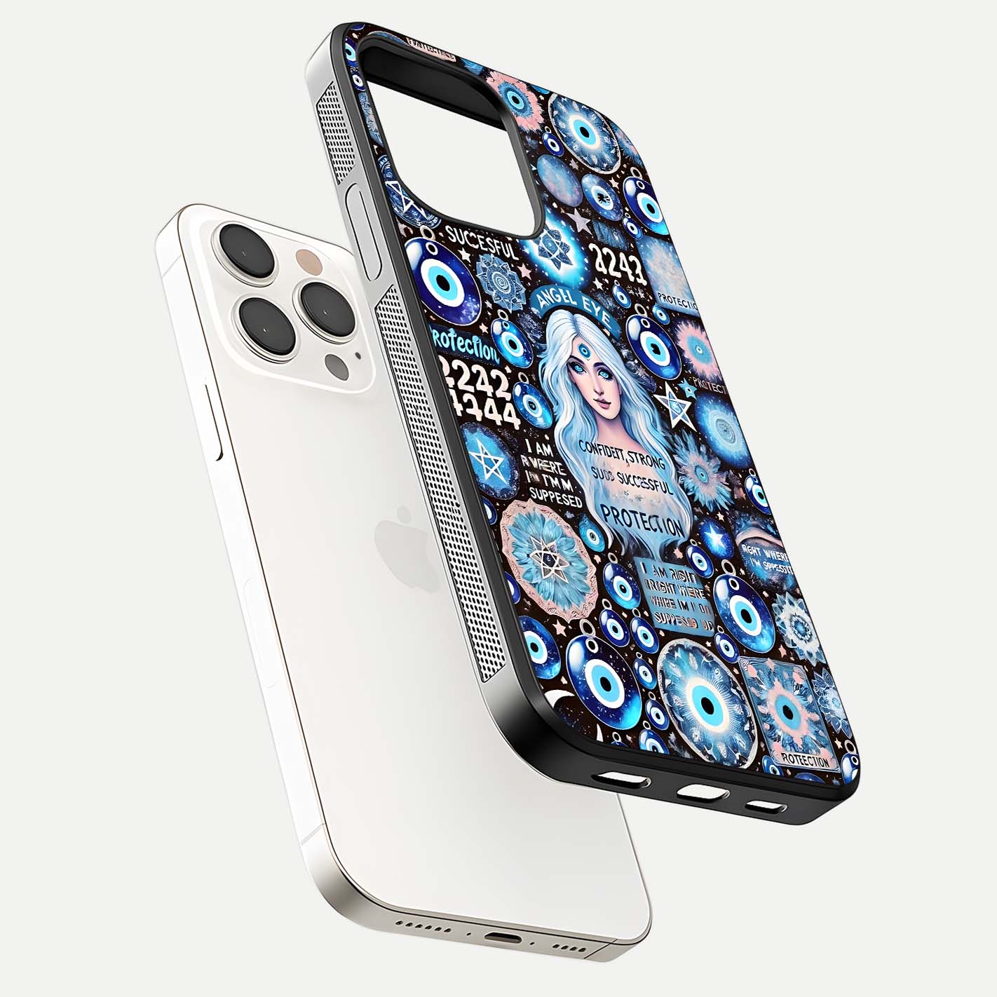 Angel Aura Shield Glass Case for iPhone 15 Pro Max floating angle showing light reflection and protective edge structure