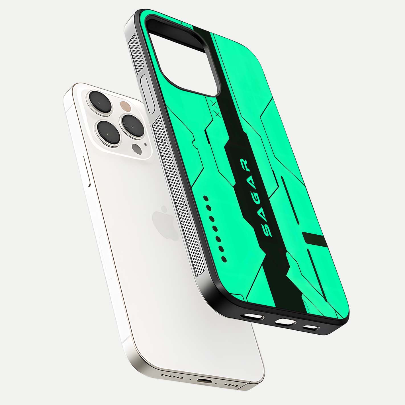 Aqua Tech CYBERPUNK Custom Name Glass Case for iPhone 15 Pro Max floating mockup highlighting name customization area
