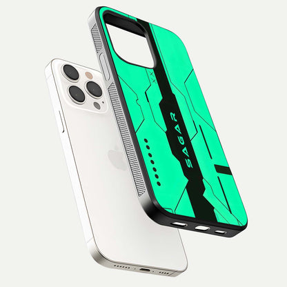 Aqua Tech CYBERPUNK Custom Name Glass Case for iPhone 15 Pro Max floating mockup highlighting name customization area