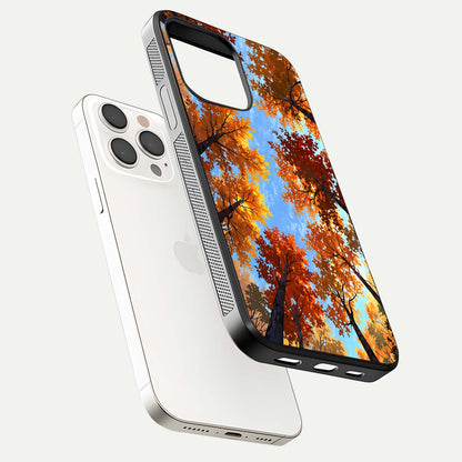 Autumn Sky Rise Glass Case for iPhone 15 Pro Max floating dual-view mockup with sky horizon and glossy highlights