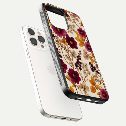 Autumn Wine Bloom Glass Case for iPhone 15 Pro Max floating mockup with premium floral gradient and protection edge