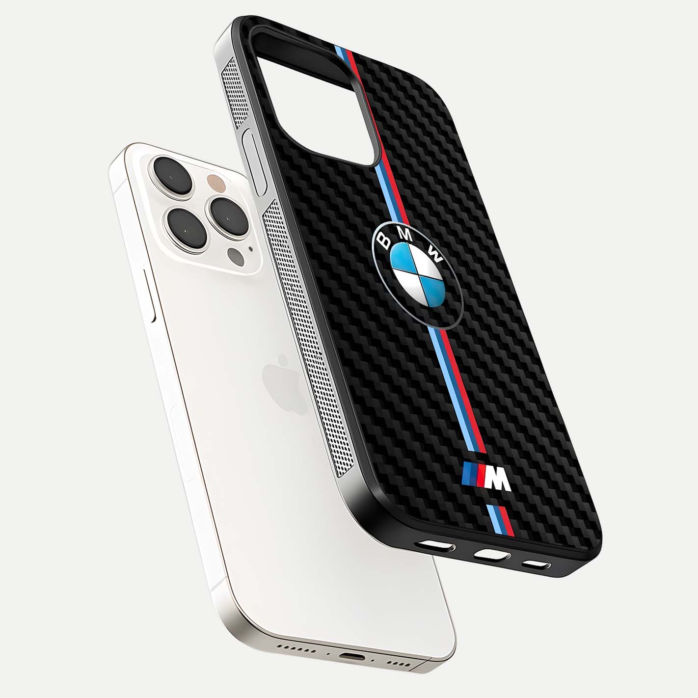 BMW Pattern Glass Case for iPhone 15 Pro Max floating mockup highlighting clean lines and metallic accent reflection