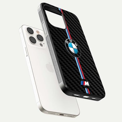 BMW Pattern Glass Case for iPhone 15 Pro Max floating mockup highlighting clean lines and metallic accent reflection
