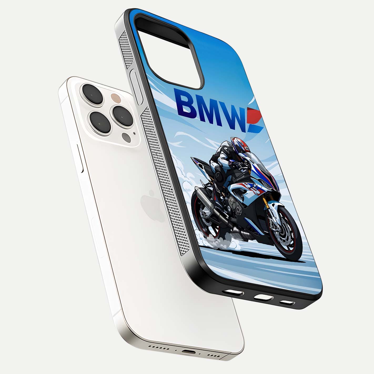 BMW Power Drift Glass Case for iPhone 15 Pro Max floating mockup displaying bold drift artwork and glossy polish