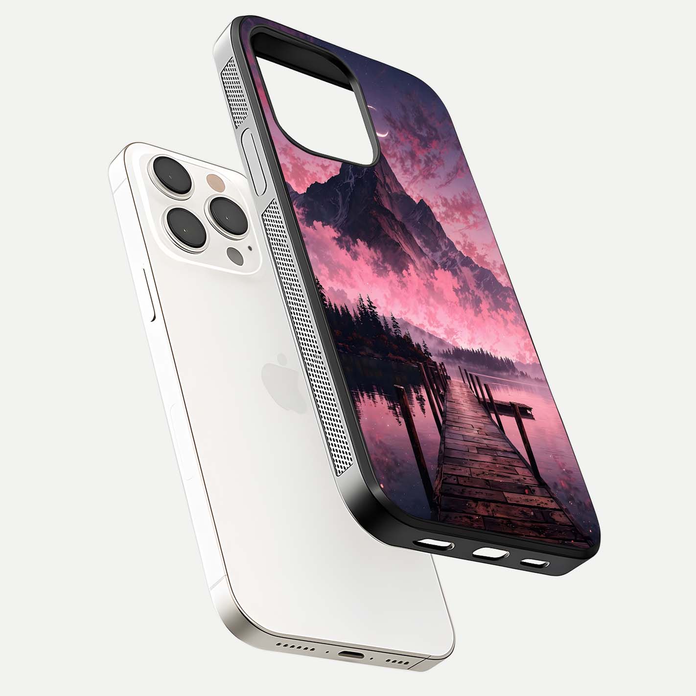 Beautyful Mountain View Glass Case for iPhone 15 Pro Max floating dual mockup showing edges and reflective sky print