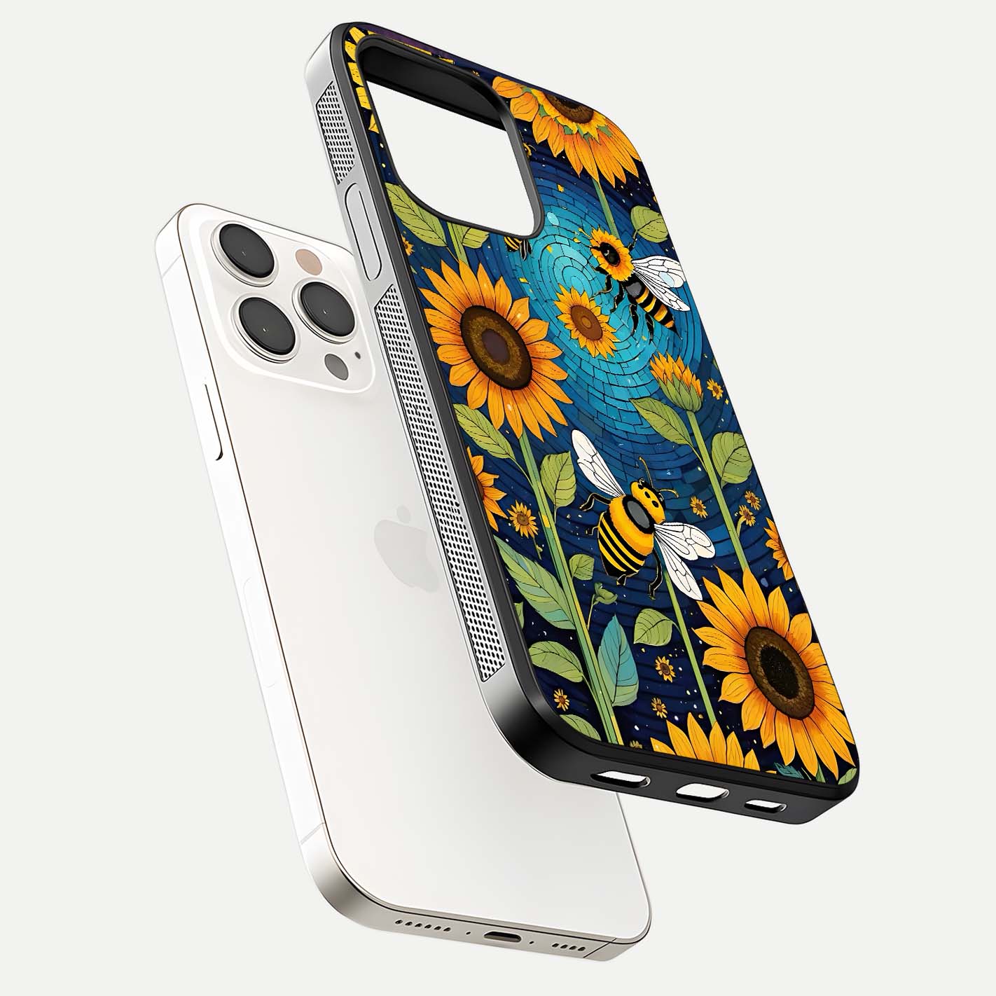 Bees & Sunflowers Glass Case for iPhone 15 Pro Max floating dual-view mockup displaying vibrant yellow tones and gloss texture