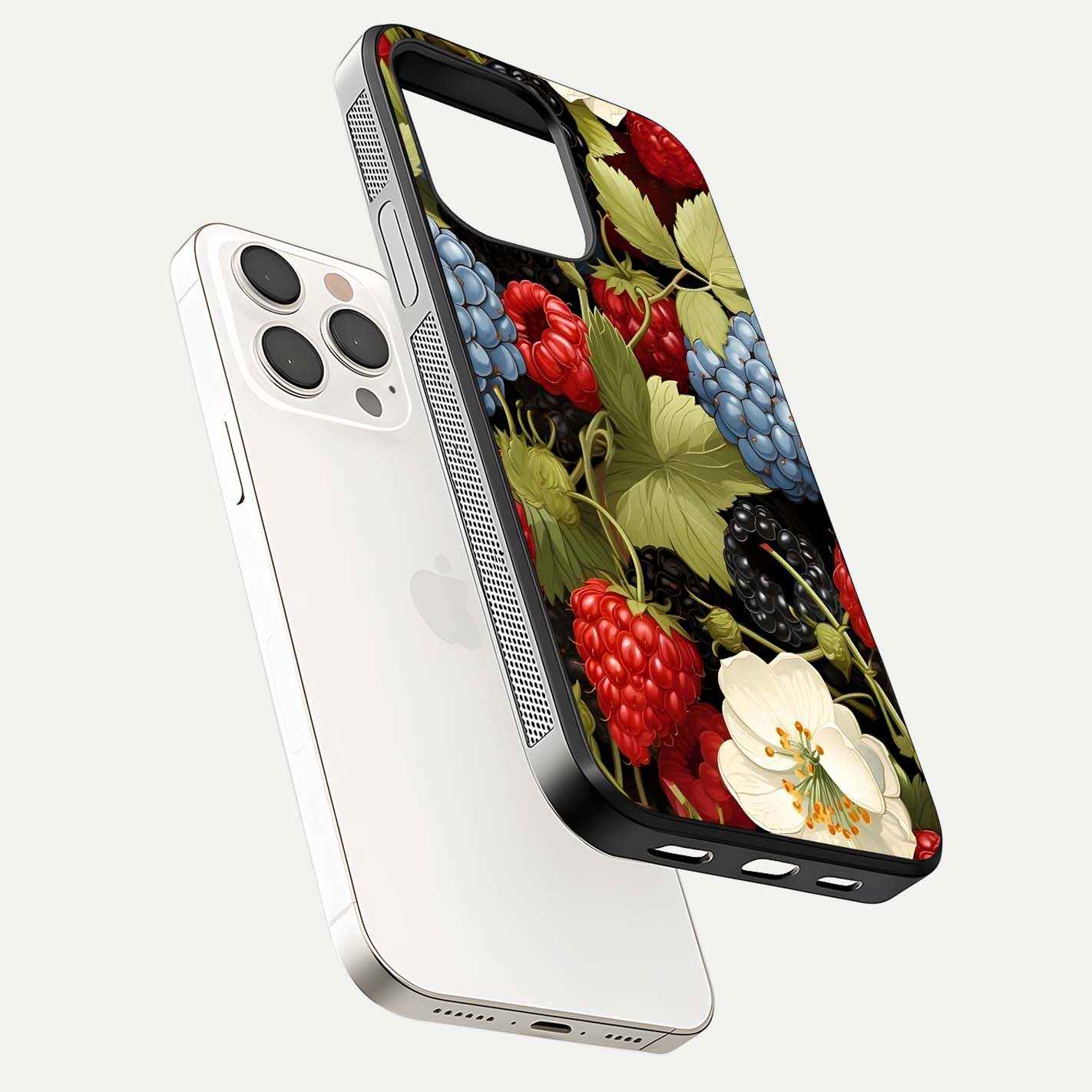 Berry Bloom Charm Glass Case for iPhone 15 Pro Max floating mockup capturing glossy reflection and curved-edge finish