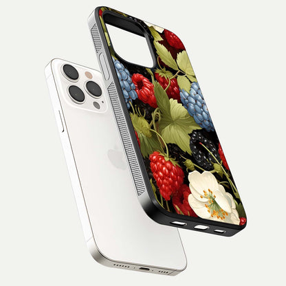 Berry Bloom Charm Glass Case for iPhone 15 Pro Max floating mockup capturing glossy reflection and curved-edge finish