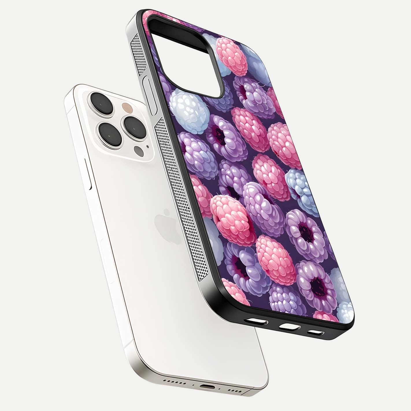 Berry Candy Pop Glass Case for iPhone 15 Pro Max floating dual-view mockup highlighting gloss shine and curved edges