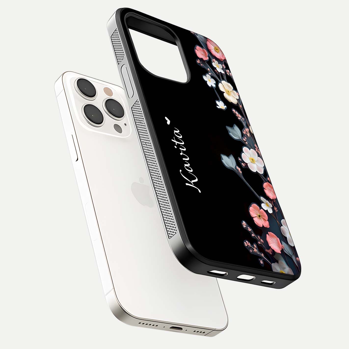 Black Elegance Floral Custom Name Glass Case for iPhone 15 Pro Max floating mockup emphasizing premium shine and floral art