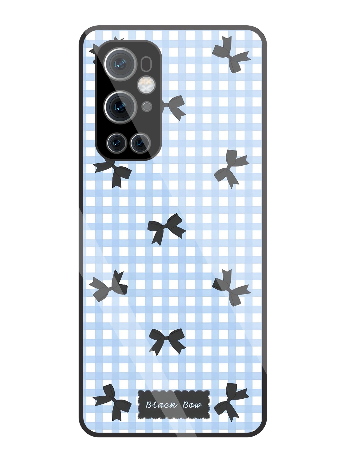 Black Ribbon With Check Pattern Glass Case For OnePlus 9 Pro