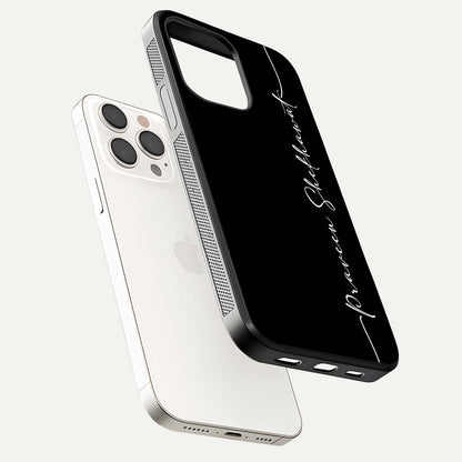 Black Tune Custom Name Glass Case for iPhone 15 Pro Max floating dual-view mockup emphasizing modern glossy texture
