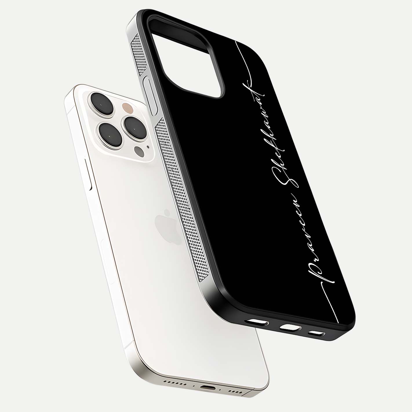 Black Tune Custom Name Glass Case for iPhone 15 Pro Max floating dual-view mockup emphasizing modern glossy texture