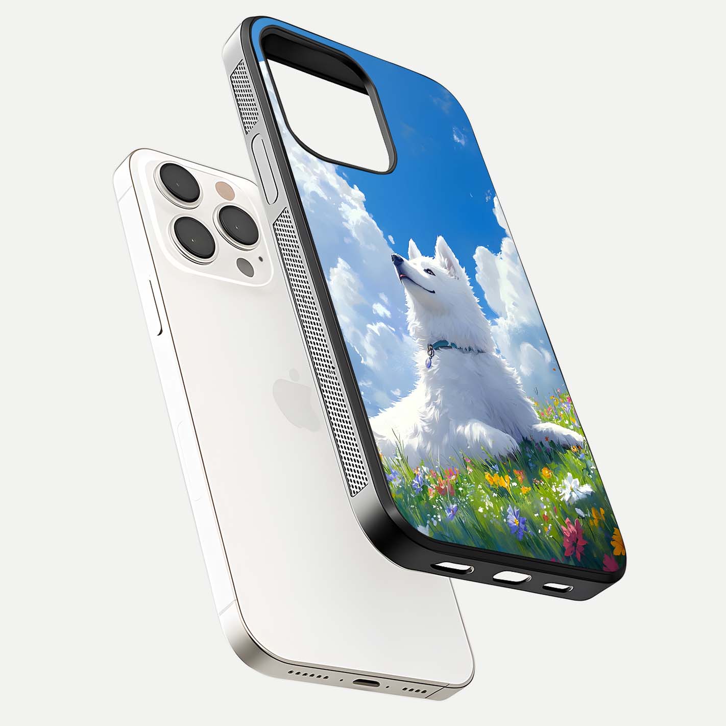 Blissful Cloud Pup Glass Case for iPhone 15 Pro Max floating mockup capturing playful aesthetic and gloss finish