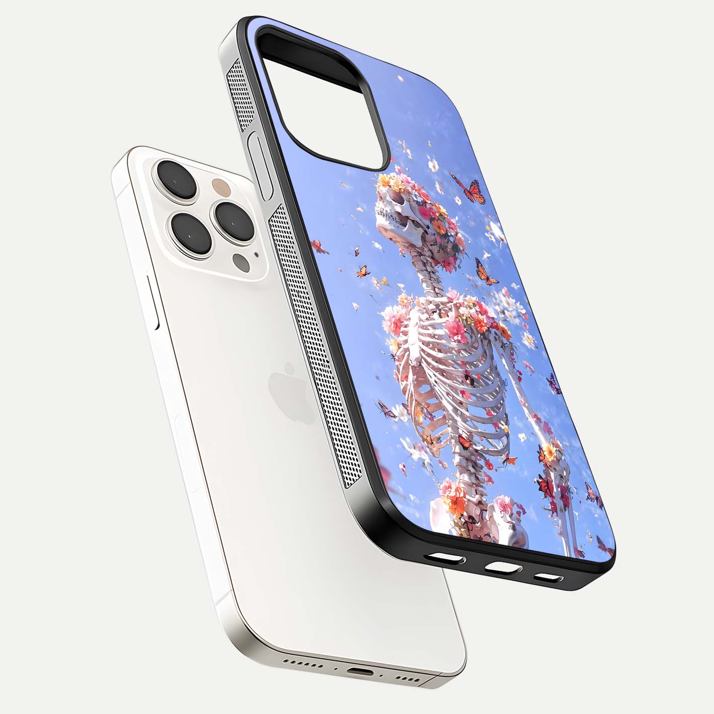 Bloom Beyond Bones Glass Case for iPhone 15 Pro Max floating mockup displaying shine, texture, and gloss detail