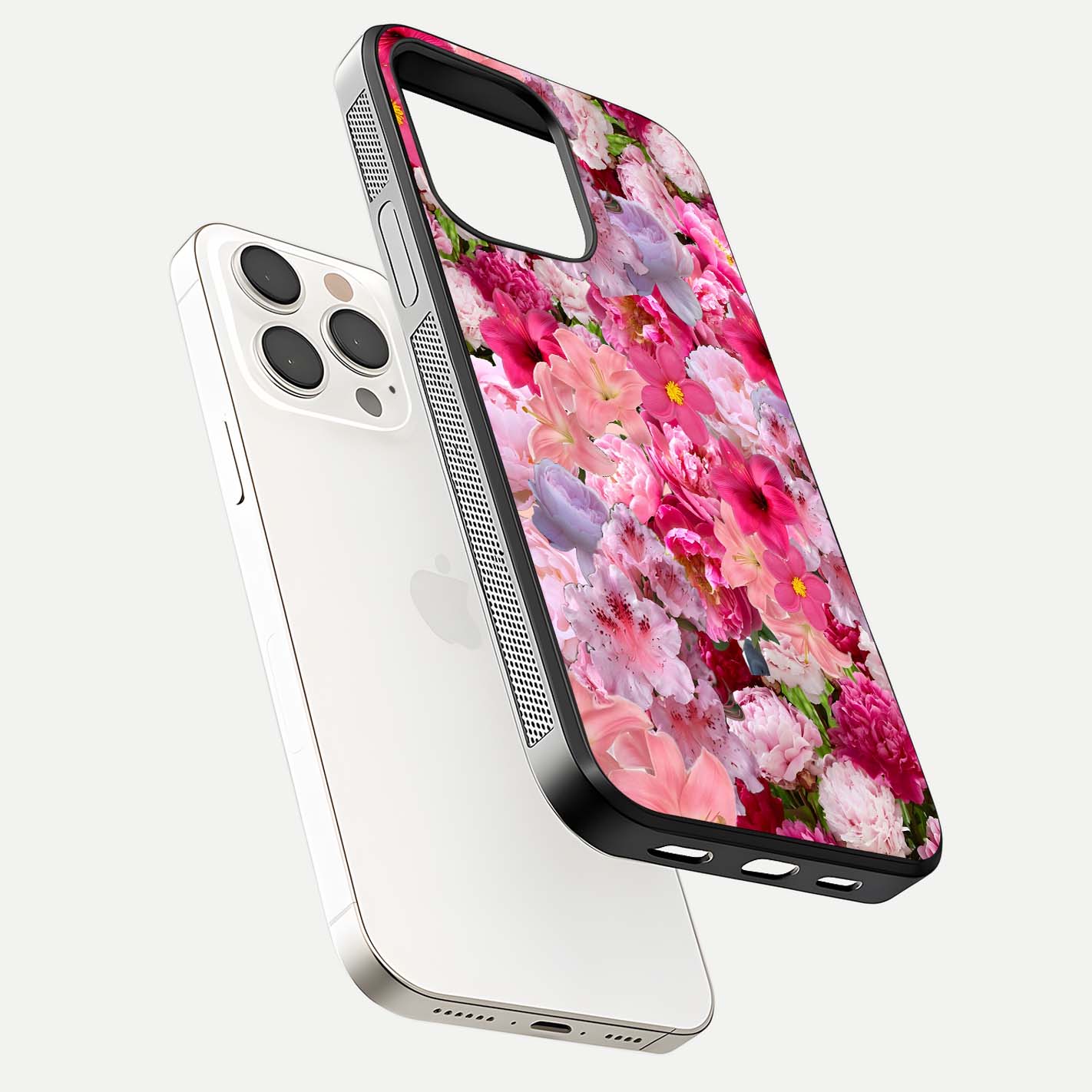 Bloom Crush Fantasy Glass Case for iPhone 15 Pro Max floating mockup showing floral pattern clarity and HD glass