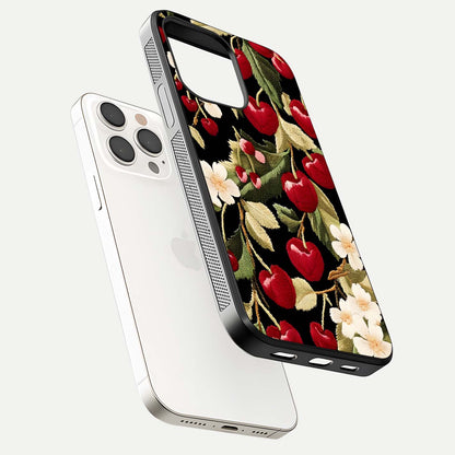 Bloom Thread Art Glass Case for iPhone 15 Pro Max floating mockup showing premium reflection and stitched art vibe