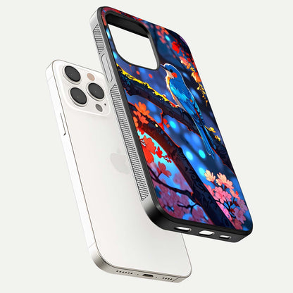 Blooming Spendor Bird Glass Case for iPhone 15 Pro Max floating dual-mockup capturing gloss tone and curved texture