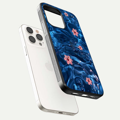 Blooming Water Drift Glass Case for iPhone 15 Pro Max floating dual-view mockup showing floral drift pattern and reflective surface