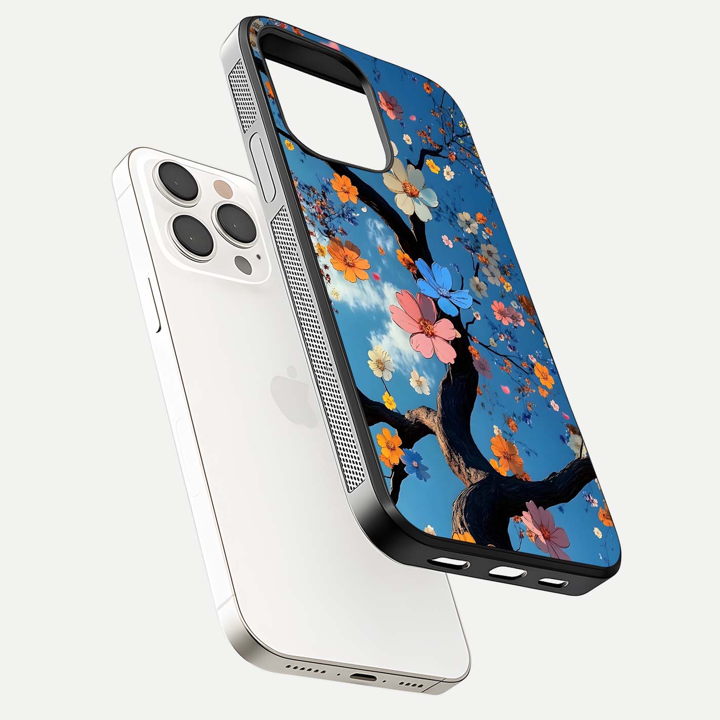 Blossom Dream Sky Glass Case for iPhone 15 Pro Max floating dual-mockup displaying smooth finish and elegant sky tones