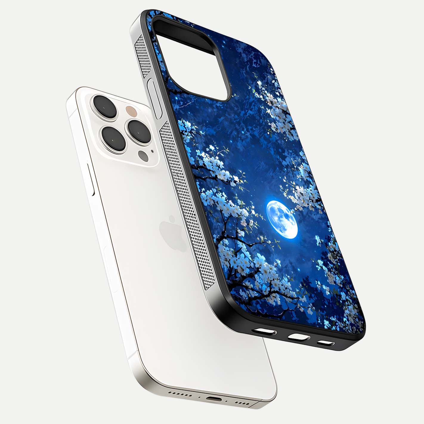 Blossom Moonlight Sky Glass Case for iPhone 15 Pro Max floating mockup showing glowing moon accent and HD gloss texture