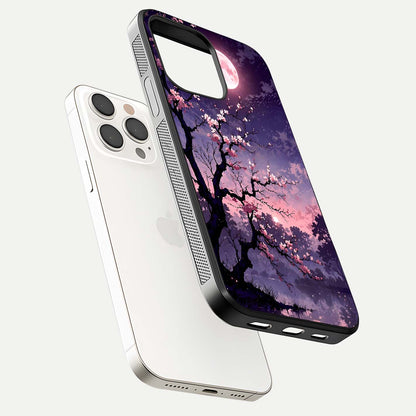 Blossom Pink Moon Glass Case for iPhone 15 Pro Max floating mockup emphasizing dreamy pink moon aura and smooth finish