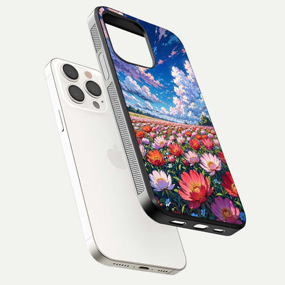 Blossom Sky Field Glass Case for iPhone 15 Pro Max floating mockup displaying sky bloom concept with smooth finish